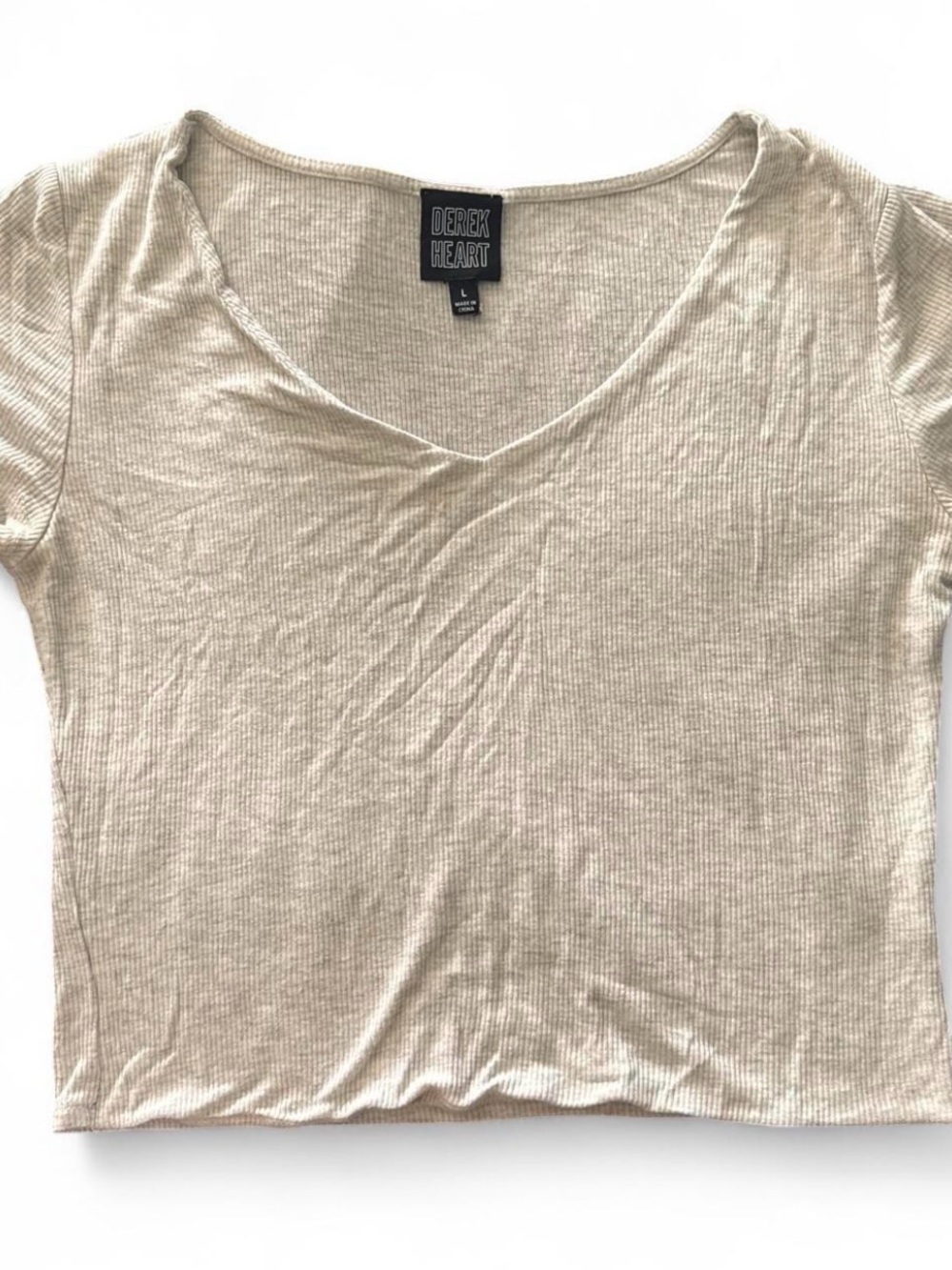 Derek Heart Women's V-Neck Ribbed Top in Beige